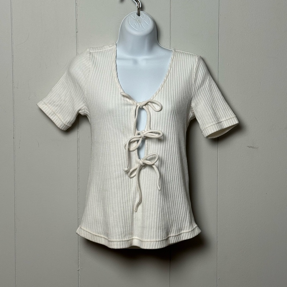 Free People Cream Ribbed Short Sleeve Tie-Front Tee